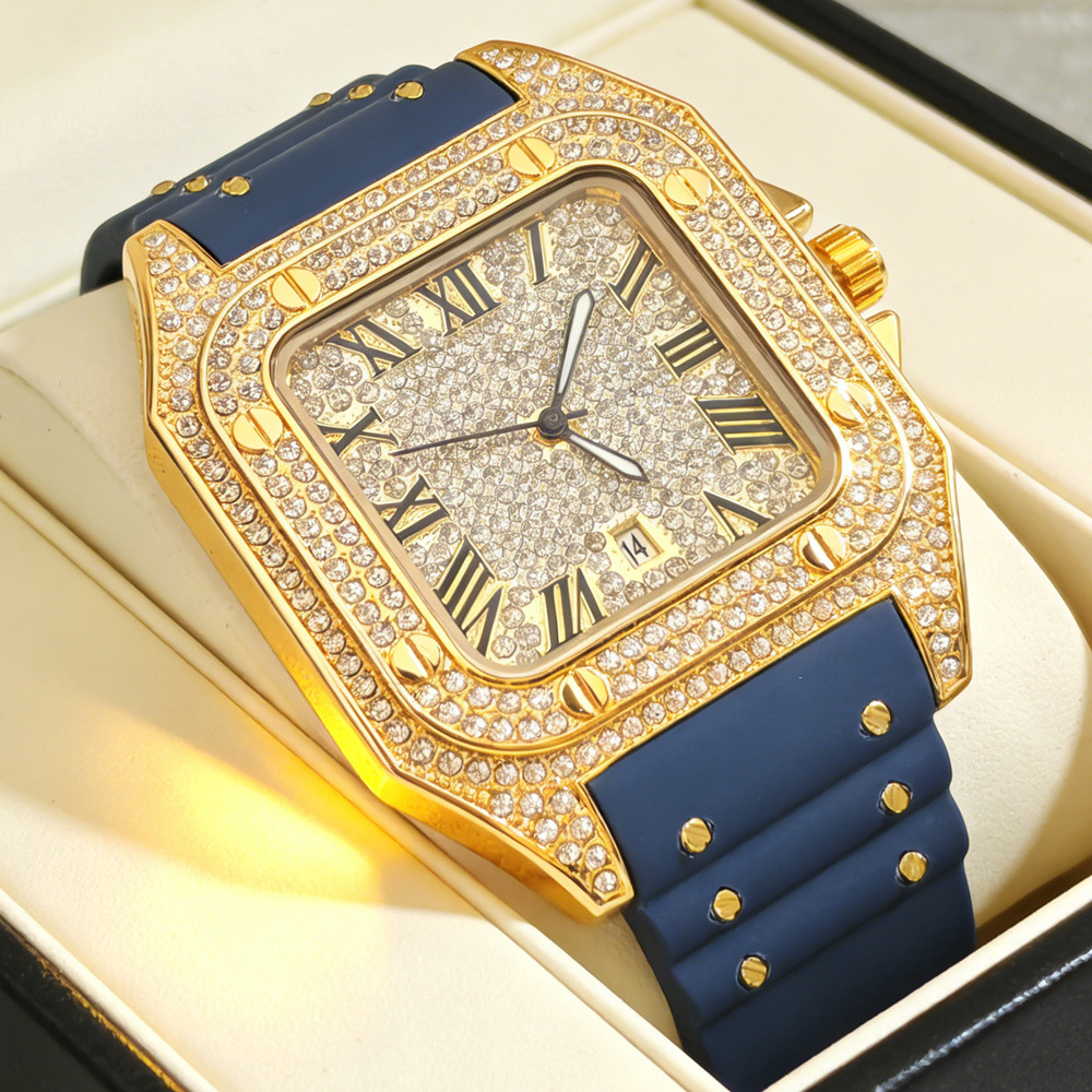 Luxury Watch Rubber Strap - Hot Fashion Square Full Diamond Quartz