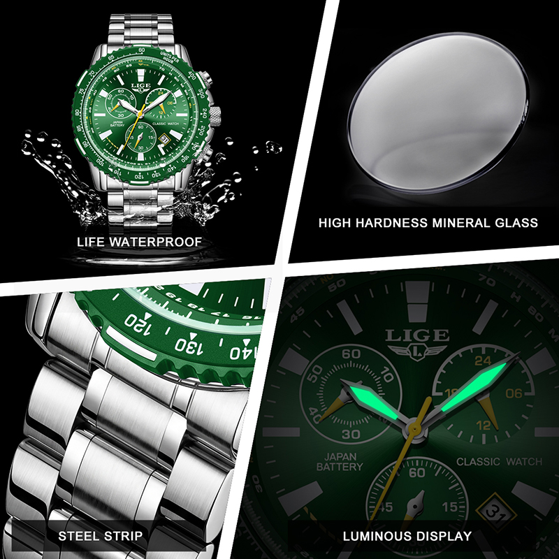 LIGE New Green Big Dial Watch  - Luxury Watch With Green Dial ulasan dan harga